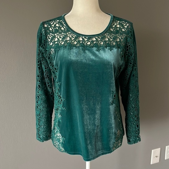 Sundance Lily Paramour Velvet Long Sleeve Top In Turquoise Green Color Petite - Picture 1 of 11